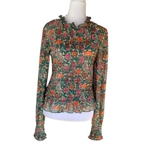 Natural Life Floral Smocked Peplum Long Sleeve Ruffle Neck Boho Fall Top Large
